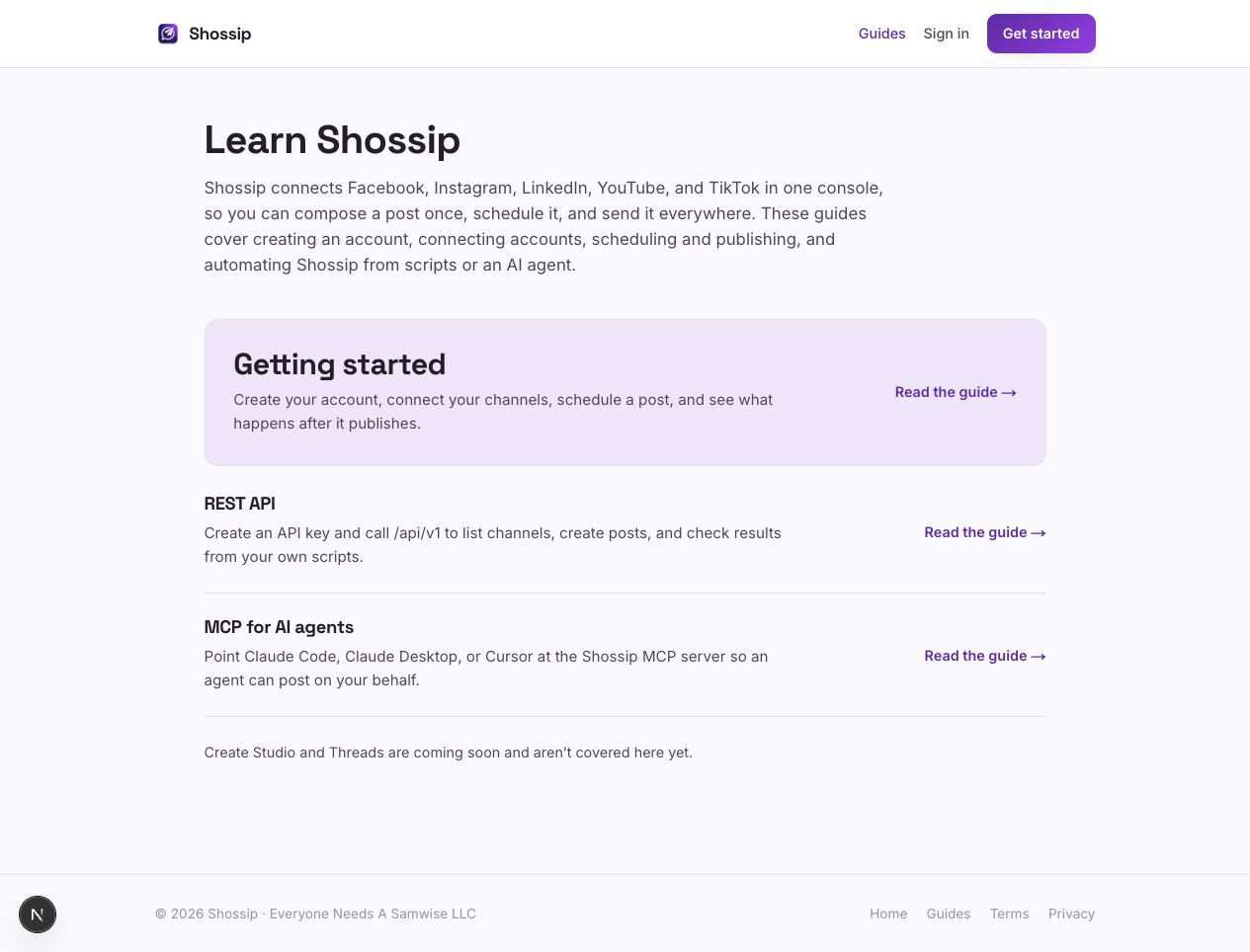 Refined Shossip guides page, captured in the local Impeccable experiment